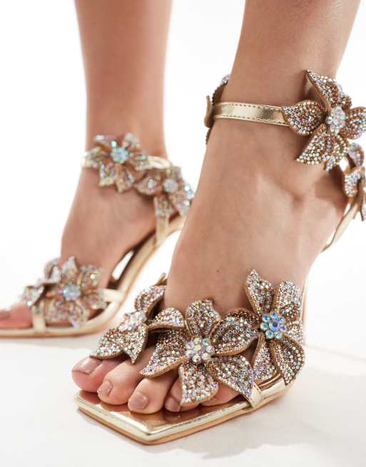 Azalea Wang Romi high heeled sandal with embellished flowers in gold