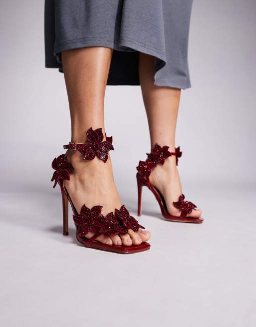 Azalea Wang - Romi - Sandales à talon haut et fleurs ornementées - Cerise, 4 de 4