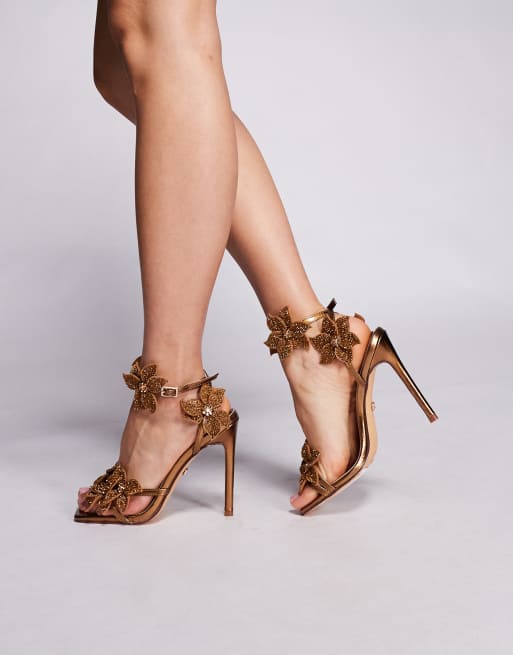 Azalea Wang – Romi – Sandaletten in Bronze mit hohem Absatz und verzierten Blumen, 3 von 4