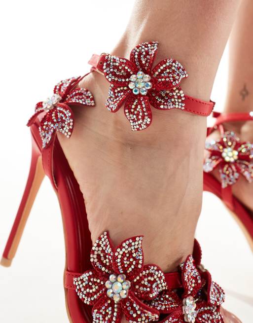 Azalea Wang – Romi – Sandaletten in Rot mit hohem Absatz und verzierten Blumen, 2 von 4