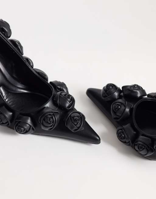 Azalea Wang Rosina heeled shoes with rosettes in black, 3 of 4