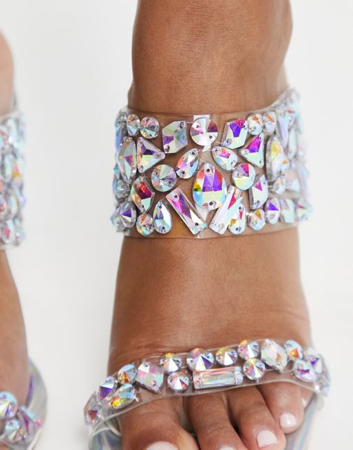 Azalea Wang Rossi holographic embellished mule sandals in silver ...