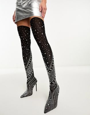 Azalea Wang Roxy Embellished Sheer Over The Knee Boots In Black
