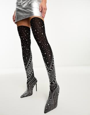 Azalea Wang Roxy embellished sheer over the knee boots in black | ASOS