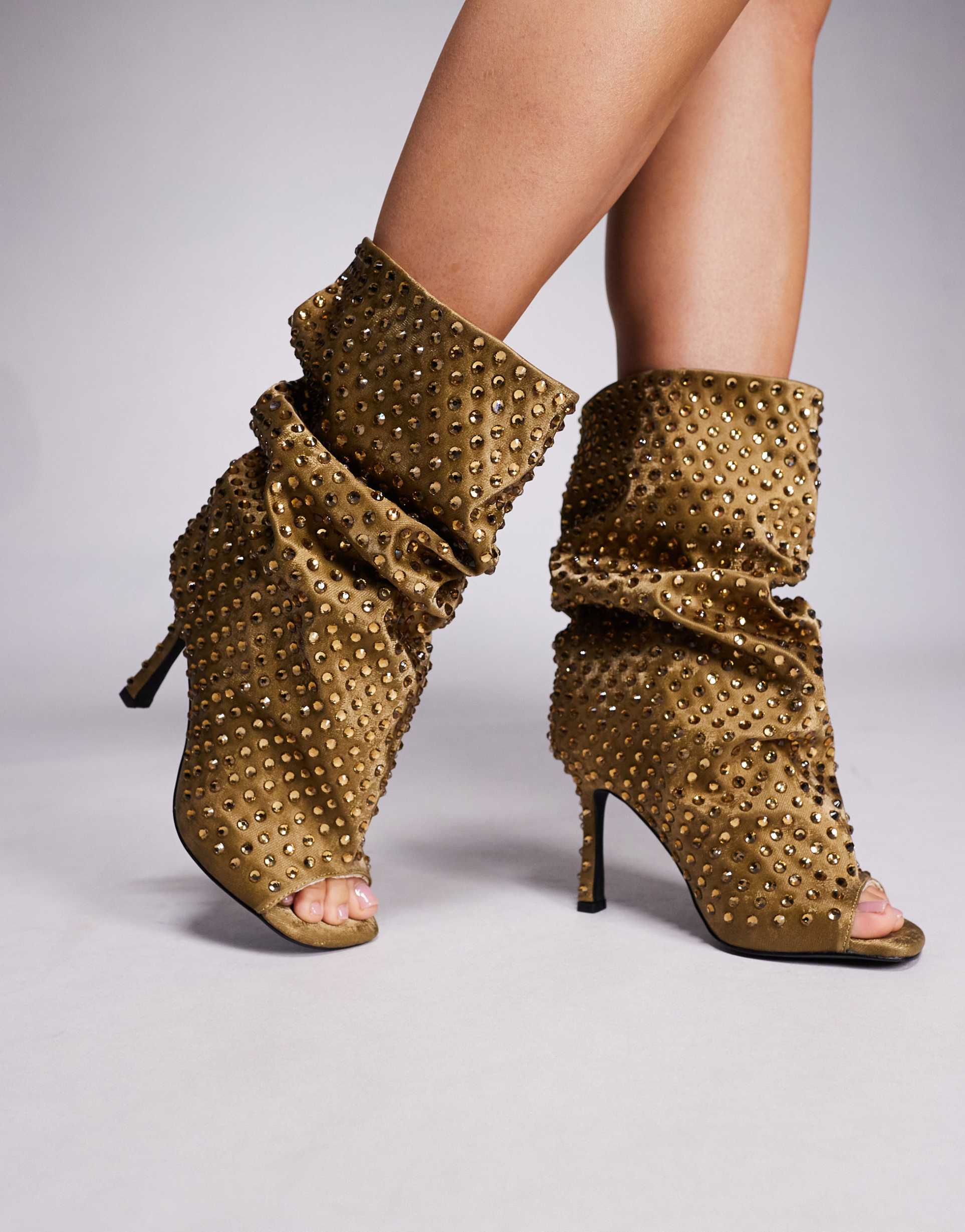 azalea wang rozsi studded peep toe high heel boots in bronze