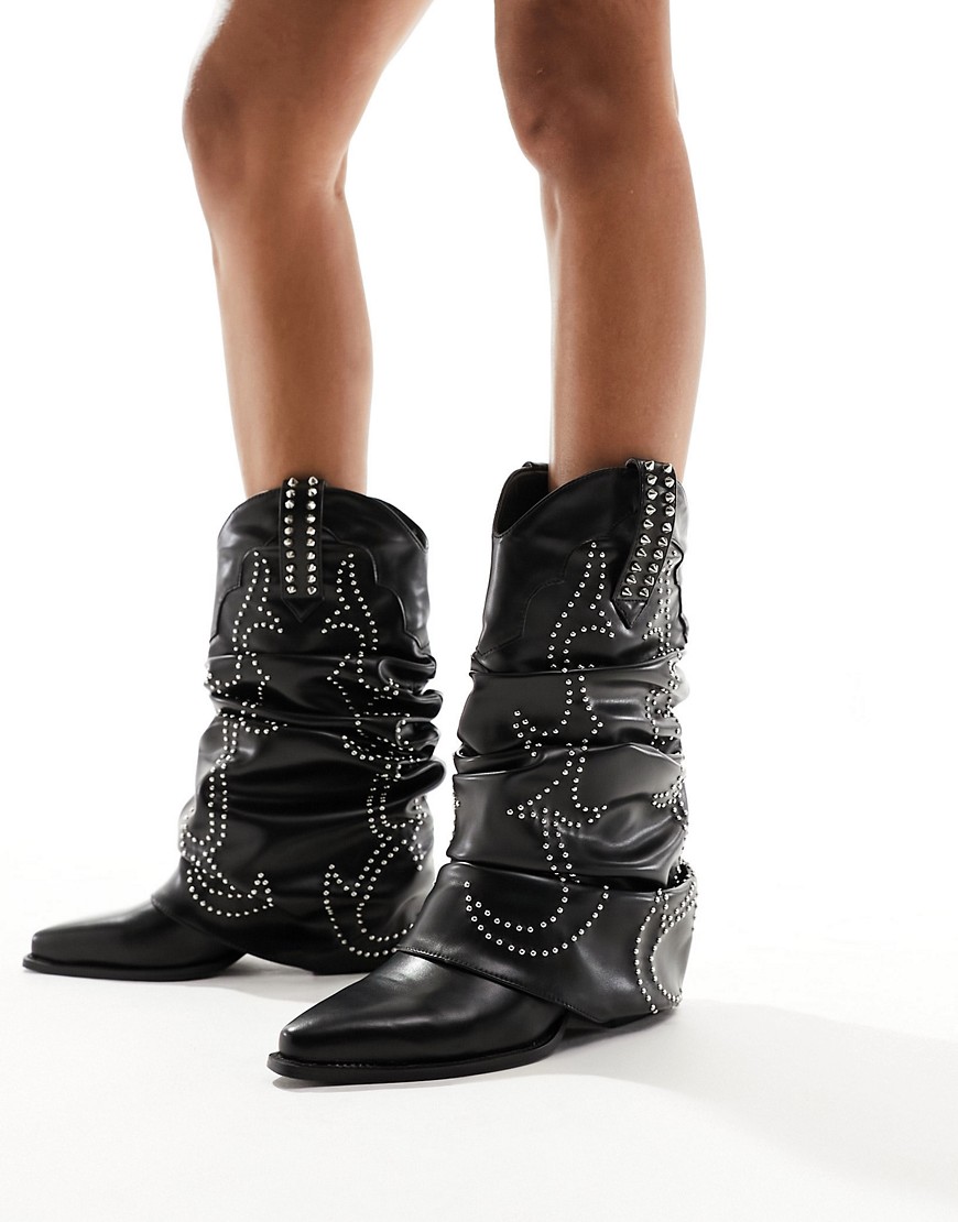 Azalea Wang Rune studded foldover western boot in black