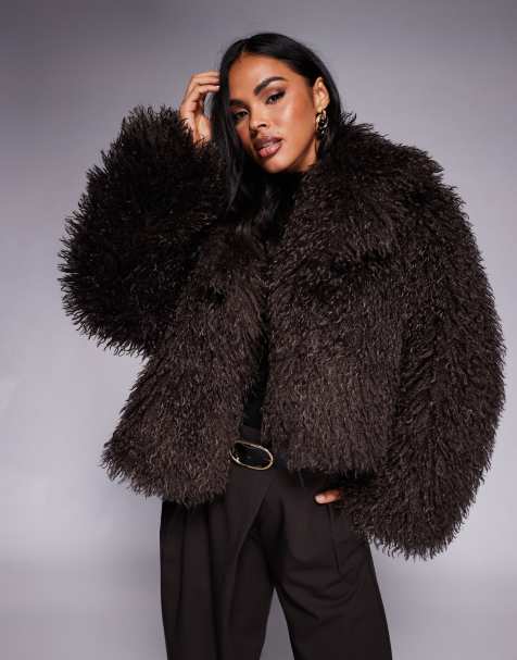 Azalea Wang Ruperta cropped faux fur coat in brown - view 1