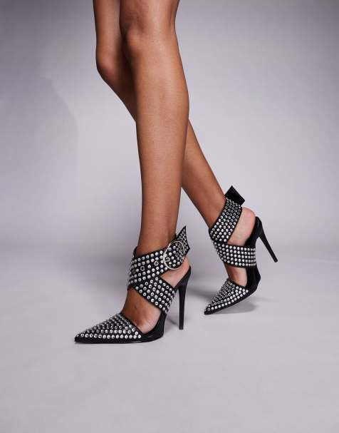 Azalea Wang Salvia stiletto heeled studded shoes with buckle in black - view 1