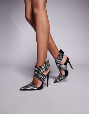 Azalea Wang Salvia Stiletto Heeled Studded Shoes With Buckles In Black
