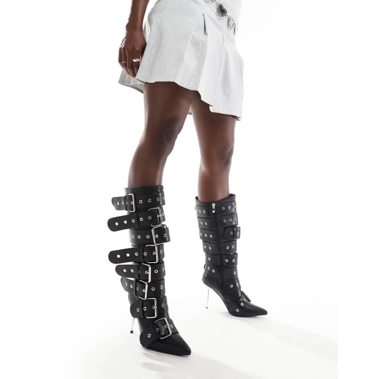 Azalea Wang Sedna buckle knee boots in black | ASOS