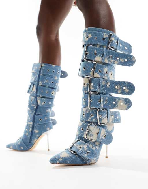 Azalea Wang - Sedna - Stivali al ginocchio in denim con fibbie