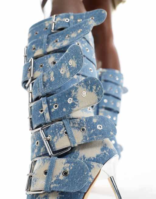 Azalea Wang - Sedna - Stivali al ginocchio in denim con fibbie, 2 di 4