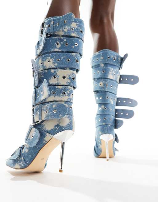 Azalea Wang - Sedna - Stivali al ginocchio in denim con fibbie, 3 di 4