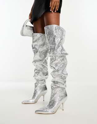 Azalea Wang - Seira - Overknee-Stiefel in Silber mit gerafftem Schaft