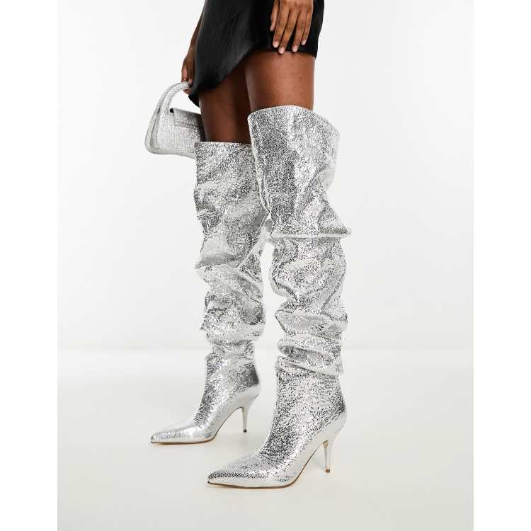 Azalea Wang Seira ruched over-the-knee boots in silver | ASOS