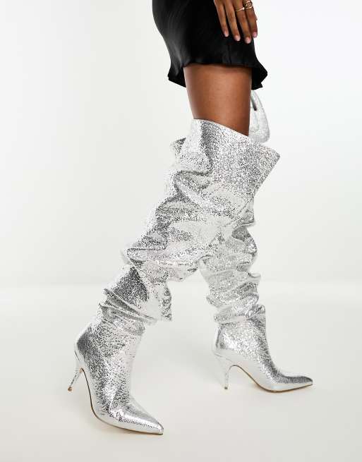 Azalea Wang Seira ruched over-the-knee boots in silver | ASOS