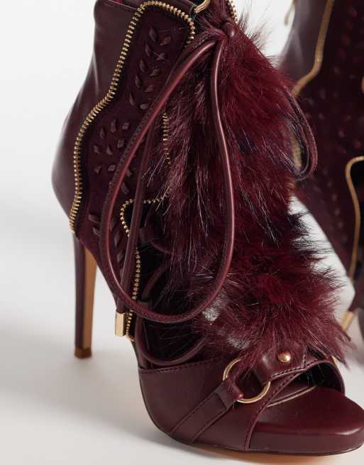 Azalea Wang Shainy fluffy detail high heel boots in burgundy, 2 of 4