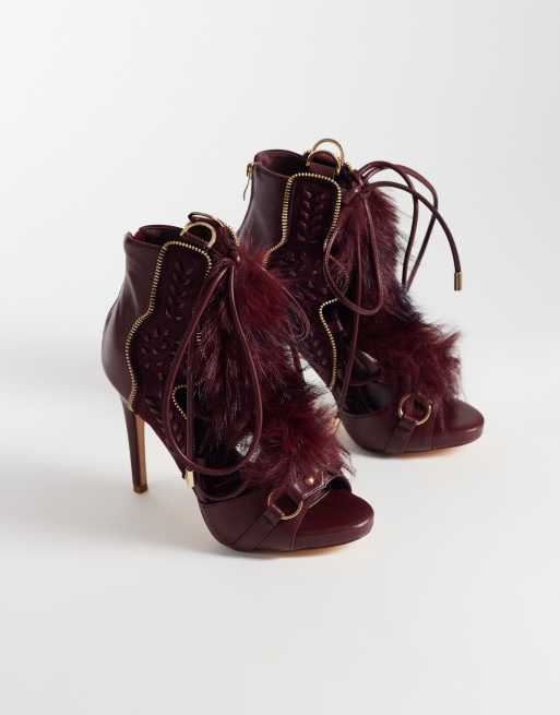 Azalea Wang Shainy fluffy detail high heel boots in burgundy, 3 of 4