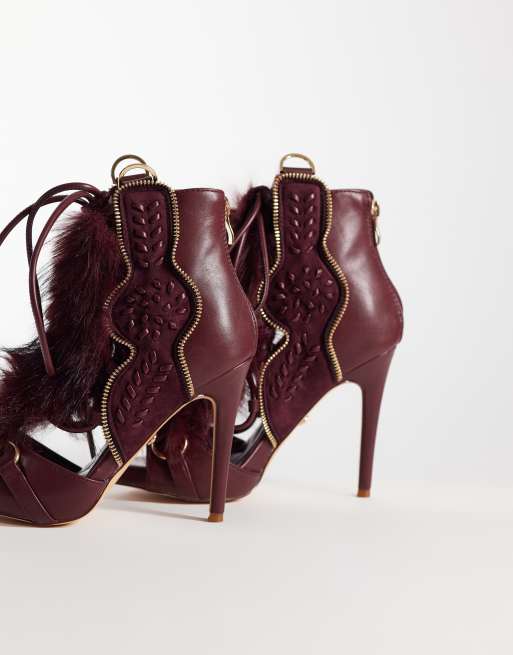 Azalea Wang Shainy fluffy detail high heel boots in burgundy, 4 of 4