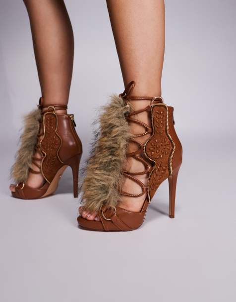 Azalea Wang Shainy fluffy detail high heel boots in tan - view 1