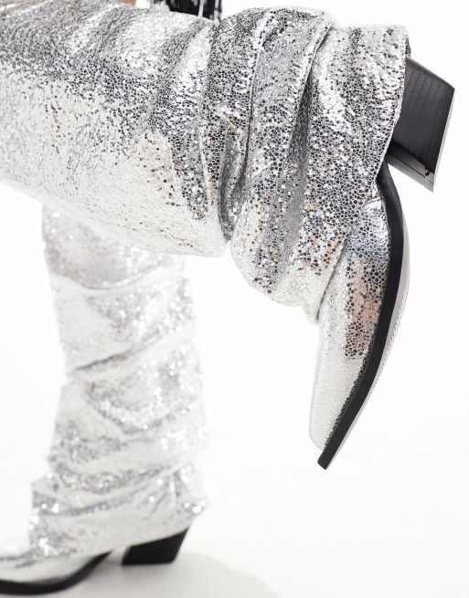 Azalea Wang Shawnee foldover sparkly western boot in silver, 3 of 4