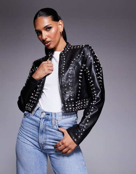 Azalea Wang Silvia cropped faux leather studded jacket in black - view 1