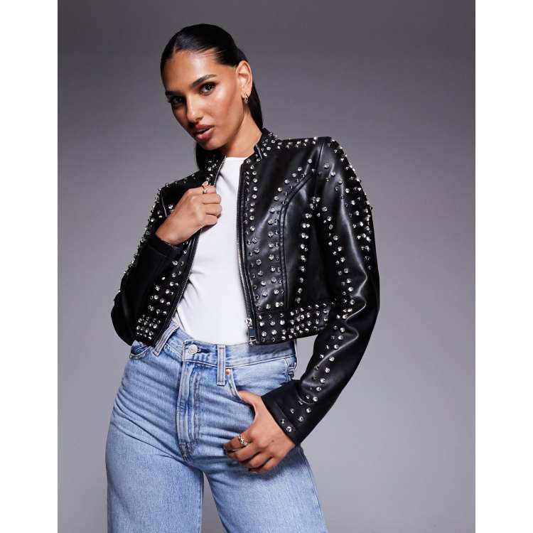 Azalea Wang Silvia cropped faux leather studded jacket in black | ASOS