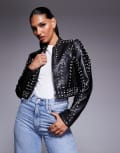 [AZALEA WANG] Azalea Wang Silvia cropped faux leather studded jacket in black S BLACK