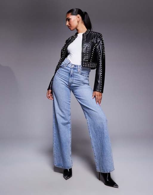 Azalea Wang Silvia cropped faux leather studded jacket in black | ASOS