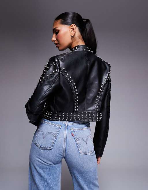 Azalea Wang Silvia cropped faux leather studded jacket in black | ASOS