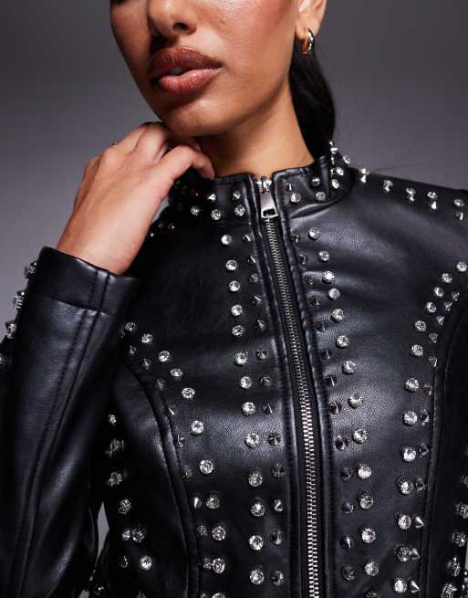 Azalea Wang Silvia cropped faux leather studded jacket in black | ASOS