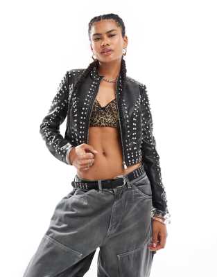 AZALEA WANG Silvia studded moto jacket in black