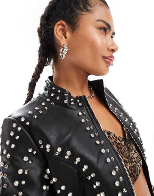 Azalea Wang Silvia studded moto jacket in black | ASOS