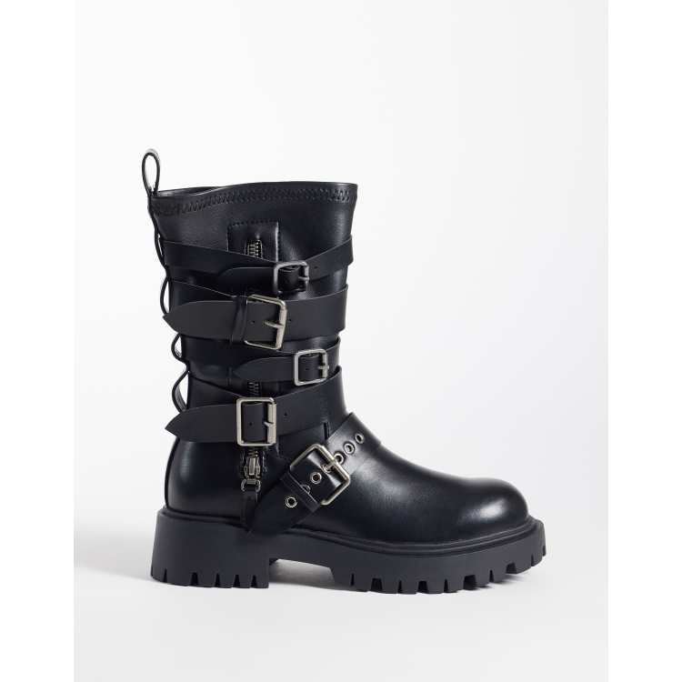Azalea Wang Spridy mid ankle biker boots with buckles in black | ASOS