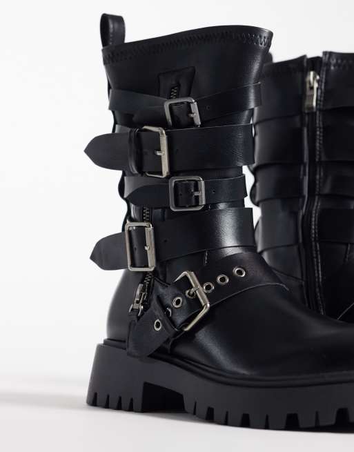 Azalea Wang Spridy mid ankle biker boots with buckles in black, 4 of 4