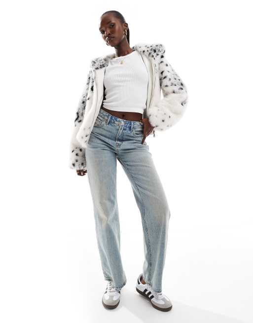 AZALEA WANG Sugar cropped faux fur coat with hood in snow leopard