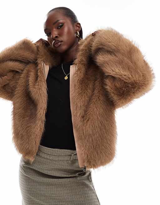 AZALEA WANG Sugar cropped faux fur coat with hood in tan | ASOS AZALEA WANG Sugar cropped faux fur coat with hood in tan | ASOS
