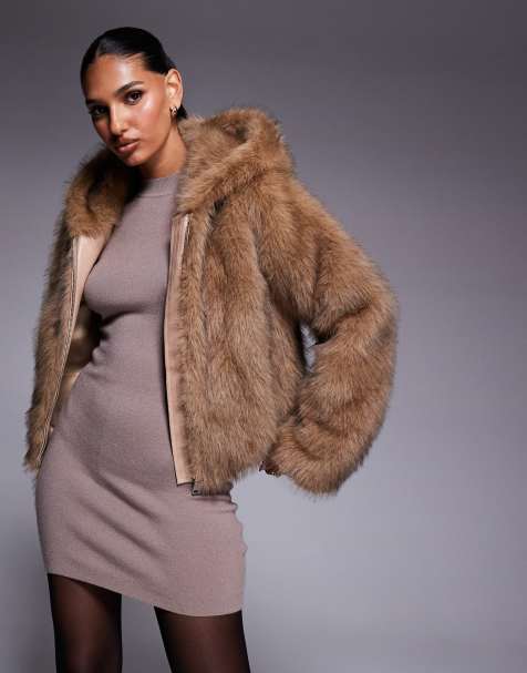 Azalea Wang Sugar cropped faux fur coat with hood in tan - view 1