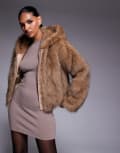 [AZALEA WANG] Azalea Wang Sugar cropped faux fur coat with hood in tan-Brown L TAN