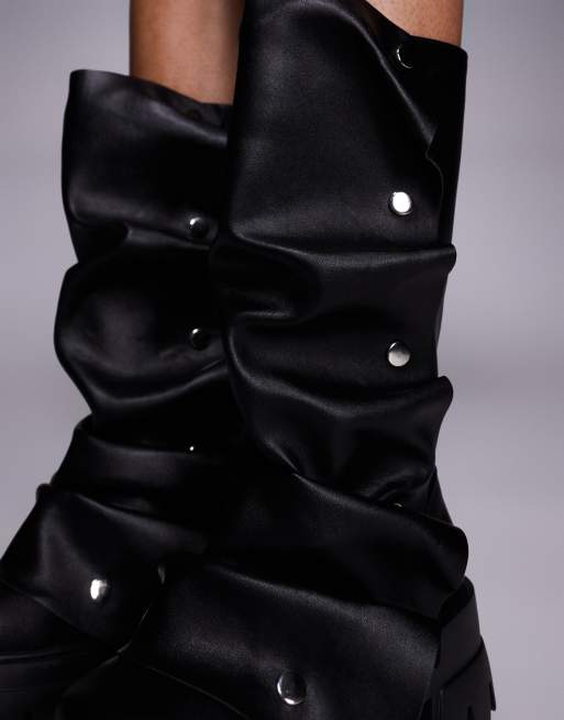 Azalea Wang - Sybel - Bottes montantes plissées à clous - Noir, 3 de 4