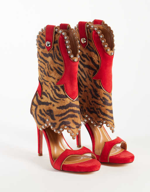 Azalea Wang Tahlie high heel boot sandals in tiger print, 2 of 4