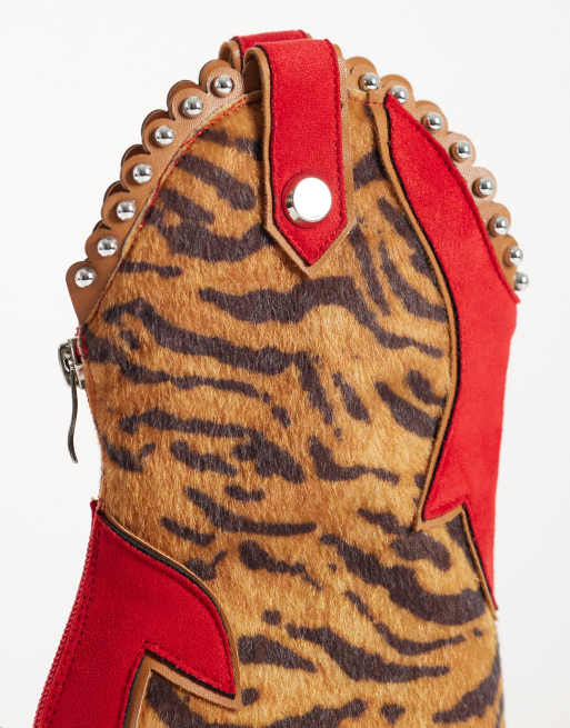 Azalea Wang Tahlie high heel boot sandals in tiger print, 3 of 4