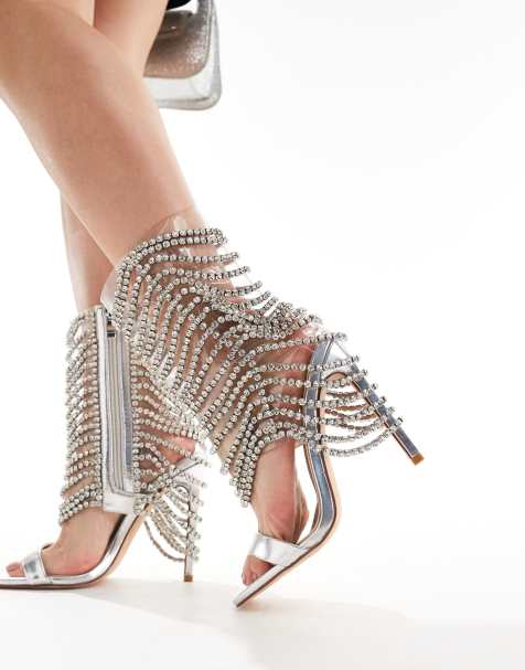 Azalea Wang Taliah embellished cage heeled sandals in silver - view 1