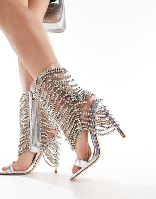 Azalea Wang Taliah embellished cage heeled sandals in silver