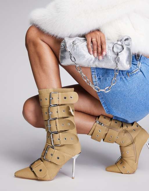 Azalea Wang Teaira buckle boots in beige, 2 of 4