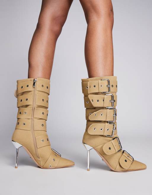 Azalea Wang Teaira buckle boots in beige, 3 of 4