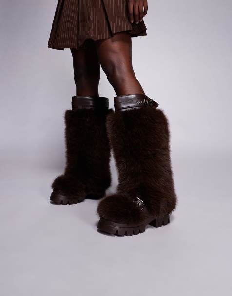 Azalea Wang Tomlee fluffy chunky knee high boots in chocolate - view 1
