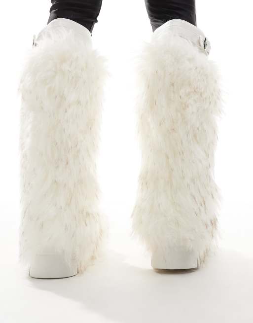 Azalea Wang Tommie fluffy knee boots in white