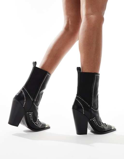 Azalea Wang - Torrin - Bottes style santiags avec détails métalliques argentés - Noir, 2 de 4
