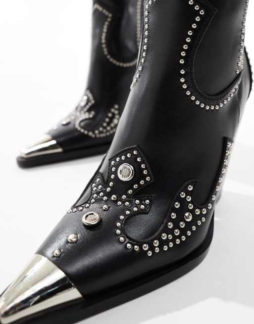 Azalea Wang - Torrin - Bottes style santiags avec détails métalliques argentés - Noir, 4 de 4